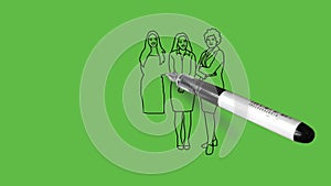 Drawing female business meeting in black, brown, grey, blue and white colour combination on abstract green background