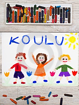 drawing: Finnish word SCHOOL and happy children