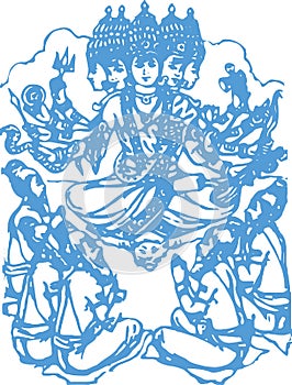 Drawing of Five Headed Lord Shiva Sitting in front of him Four Monks doing Puja. Outline Editable illustration of Shiv