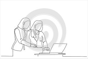 Drawing of focused two young business women standing near table, looking at laptop screen, discussing project details. Single
