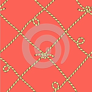 Drawing in the form of a grid from the tied golden cords. Seamless color vector.