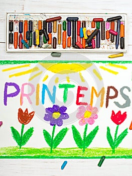 Drawing: French words Printemps Spring and beautiful flowes photo