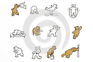 Drawing of funny bears that make different movements and actions