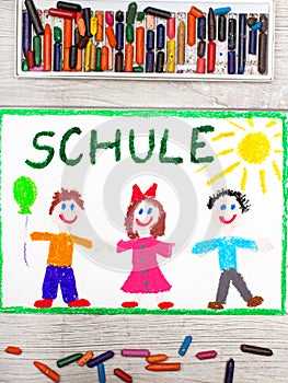 Drawing: German word SCHOOL and happy children