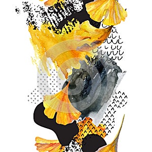 Drawing of ginkgo leaves, ink doodle, grunge, water color paper textures.