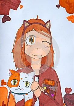 Drawing of a girl and a red cat in anime style