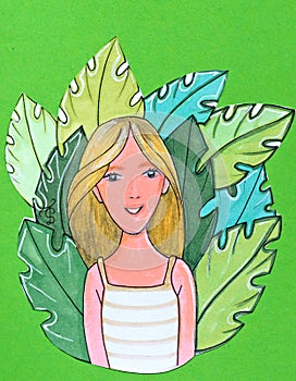 Drawing of a girl in a striped T-shirt on a green background