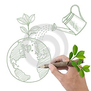 Drawing Globe with green plant and watering can.