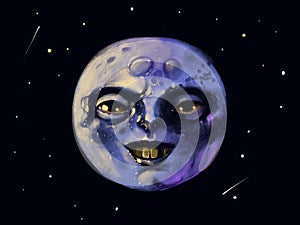 Drawing of a gloomy creepy full moon in the night sky. The face of the moon, vile and frightening