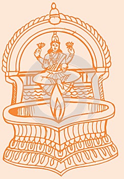 Drawing of Goddess Lakshmi Statue in a Traditional Metal Oil Lamp with Fire. Design Element of Diwali Festival.