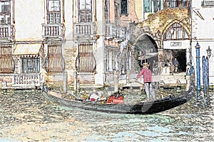 Drawing of gondola in Canal Grande in Venice, Italy