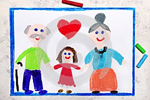 Drawing: Grandparents Day card. Smiling grandmother, grandfather and their granddaughter