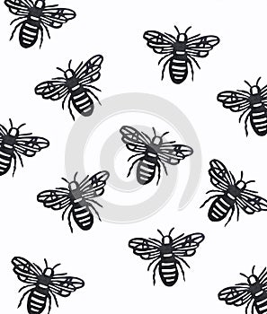 Drawing graphic of bees in black ink on white background