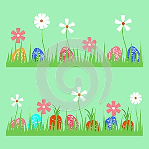 Drawing of green grass with daisies flowers. In the grass, painted Easter eggs, carrots. Template for creating cards, children`s