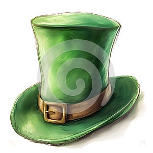 Drawing of a green leprechaun hat for St. Patrick\'s Day. AI generated illustration.