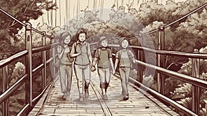 Drawing of a group of girls walking on a bridge