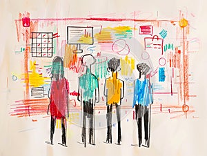 A drawing of a group of people standing in front of a whiteboard