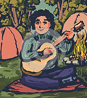 drawing of a guitarist guy on a campsite near the tents with a guitar