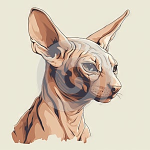 a drawing of a hairless cat with a blue eyes and a sphydrah look on its face, with a white background