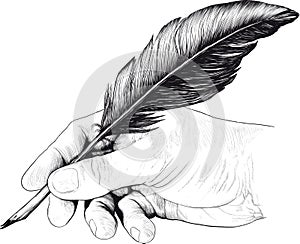 Drawing of hand with a feather pen