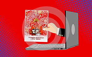 Drawing of hand with Lettering happy chinese new year greetings card with fabric bag of orangesnon-English text in an image trans