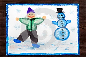 Drawing; Happy boy making a snowman. Winter recreations.
