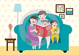 Drawing Of A Happy Family Enjoying Reading `Happy Bear` Storybooks