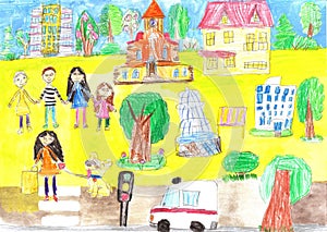 Drawing of the happy family on a walk and cars