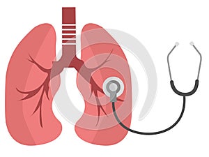 Drawing of healthy lungs, with a stethoscope, on a white colored background