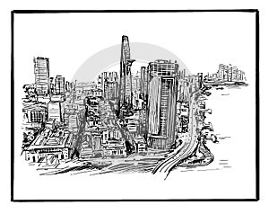 Drawing of the Ho Chi Minh city skyline in Vietnam