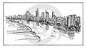 Drawing of the Ho Chi Minh cityscape at riverside in Vietnam
