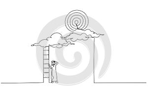 Drawing of hopelessness arab businessman with too short ladder cannot reach target. Metaphor for mistake and error causing