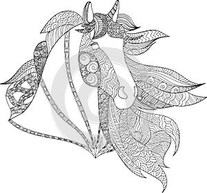 Drawing horse zentangle style, stylized illustration of horse in tangle doodle style.