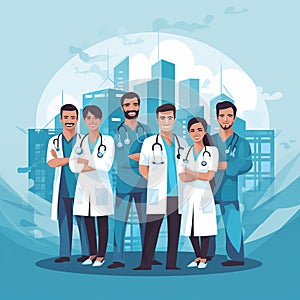 Drawing of hospital medical team - group of smiling doctors and nurses. Horizontal banner