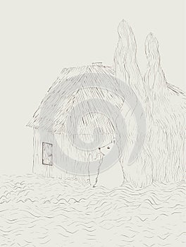 A Drawing Of A House And A Bear - two little humas in front of a little house