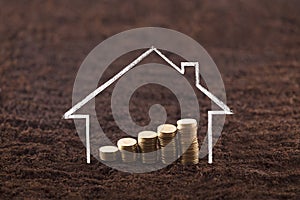 Drawing house with coins on fertile soil land