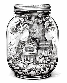 a drawing of a house inside a glass jar, with rocks surrounding it