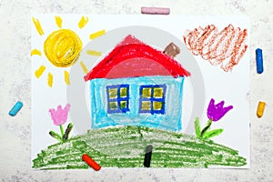 Drawing: House with red roof on the hill. Idyllic landscape