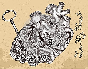 Drawing of human heart with key and steampunk mechanical parts on texture