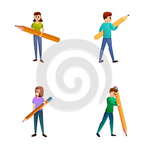 Drawing icons set cartoon vector. Man and woman holding big pencil