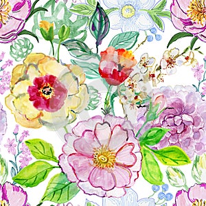 Drawing  illustration. Beautiful flowers and green leaves. Watercolor painting for design.