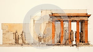 Drawing Of International Style Architecture With Caryatides Of Acropolis And Rothko