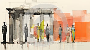 Drawing Of International Style Architecture With Caryatides Of Acropolis And Rothko