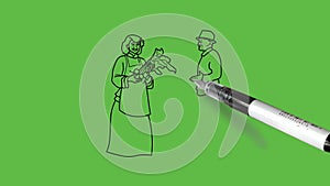 Drawing lady giving gift to old man in black, green, brown, grey and blue dress colour combination on abstract green background