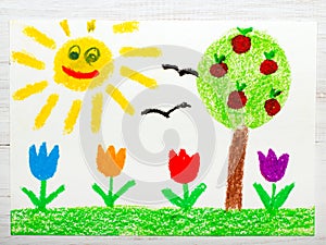 Drawing: landscape with apple tree, tulip flowers an happy sun