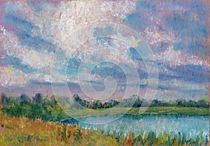 Drawing landscape with lake, fields, forest and blue sky