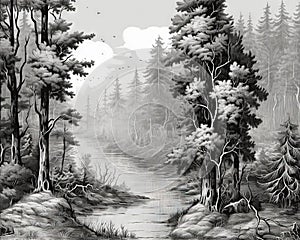 drawing landscape pattern of ancient European forests of trees.