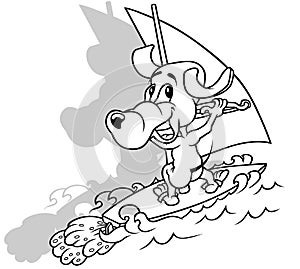 Drawing of a Laughing Doggy Surfing on the Sea Waves