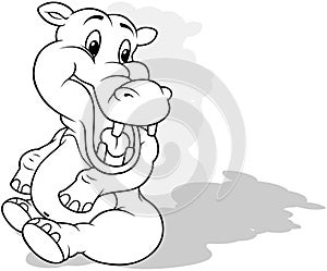 Drawing of a Laughing Hippo Sitting on the Ground with its Head Turned