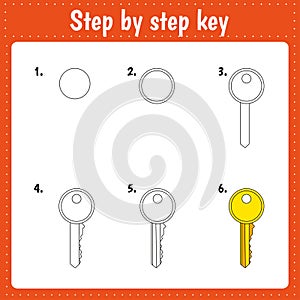 Drawing lesson for children. How draw a key. Drawing tutorial. Step by step repeats the picture. Kids activity art page for book.